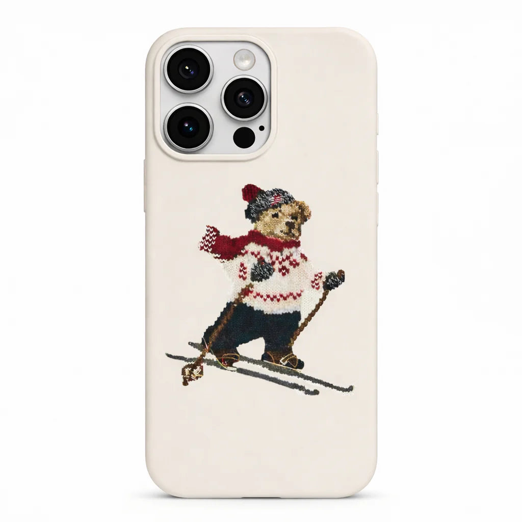 Cream iPhone case with embroidered ski bear design - Coveo