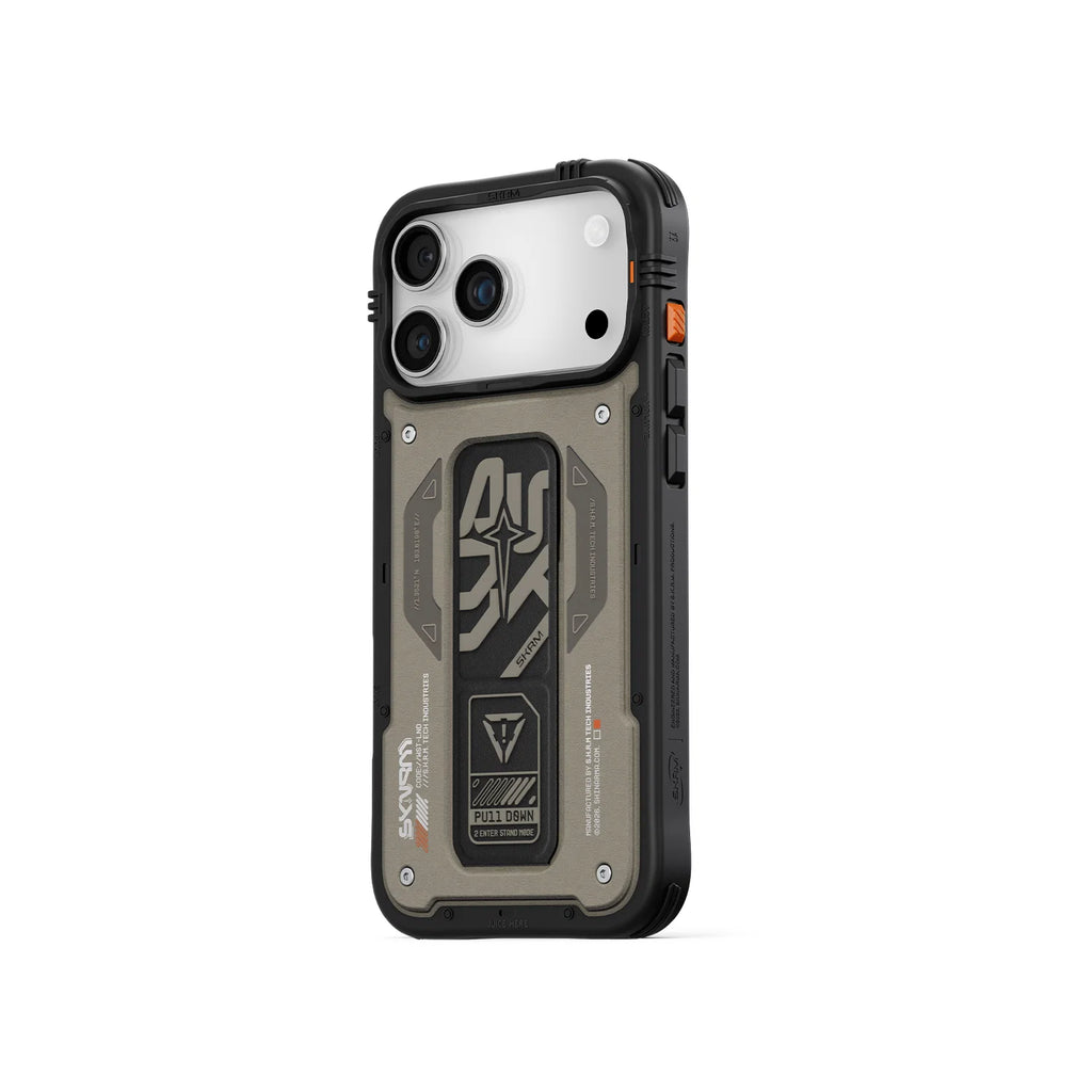 Skinarma Aegis 17 Pro Mag-Charge case in beige leatherette, angled view