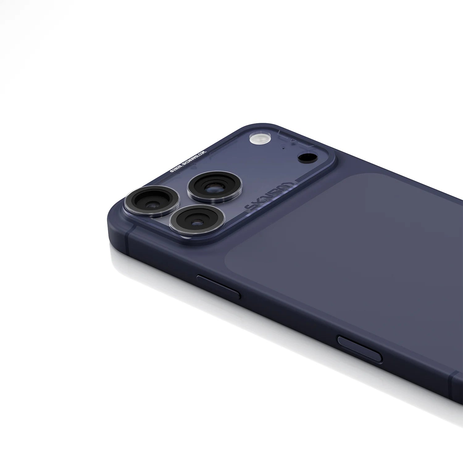 Skinarma Magma lens protector for iPhone 17 Pro in navy, angled view