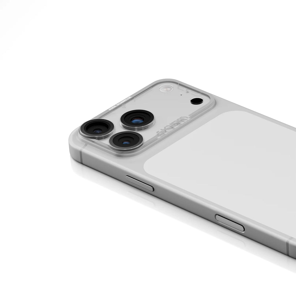 Skinarma Magma lens protector for iPhone 17 Pro in silver, angled view