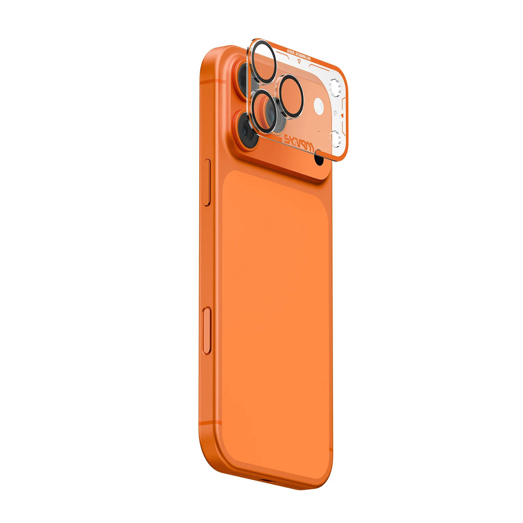 Skinarma Magma lens protector for iPhone 17 Pro in orange, front view