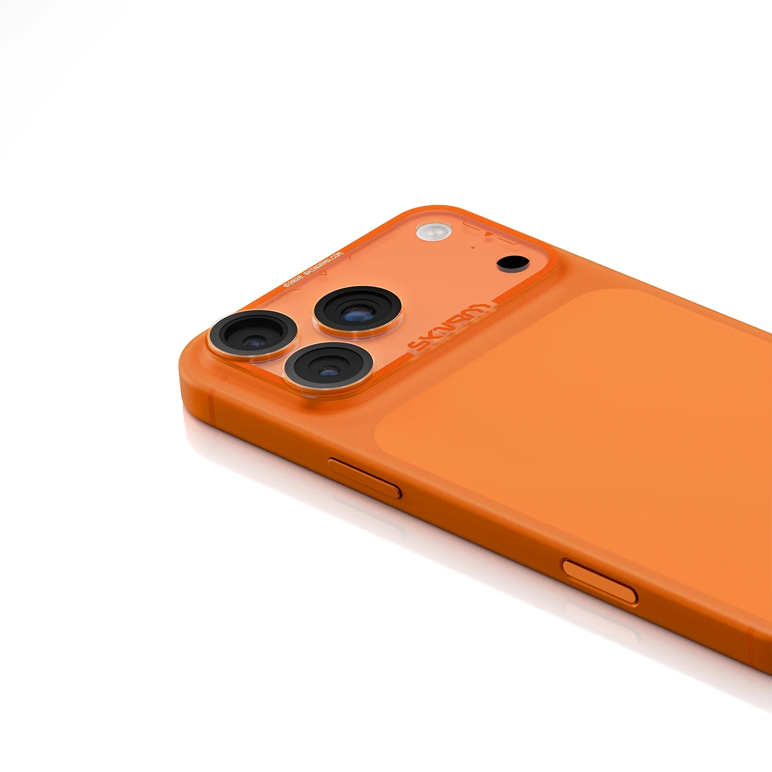 Skinarma Magma lens protector for iPhone 17 Pro in orange, angled view